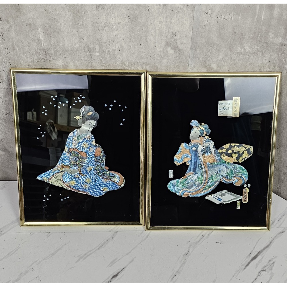 Vintage 80s Set of 2 Japanese Geisha Metallic Foil Artwork Framed Genji Story